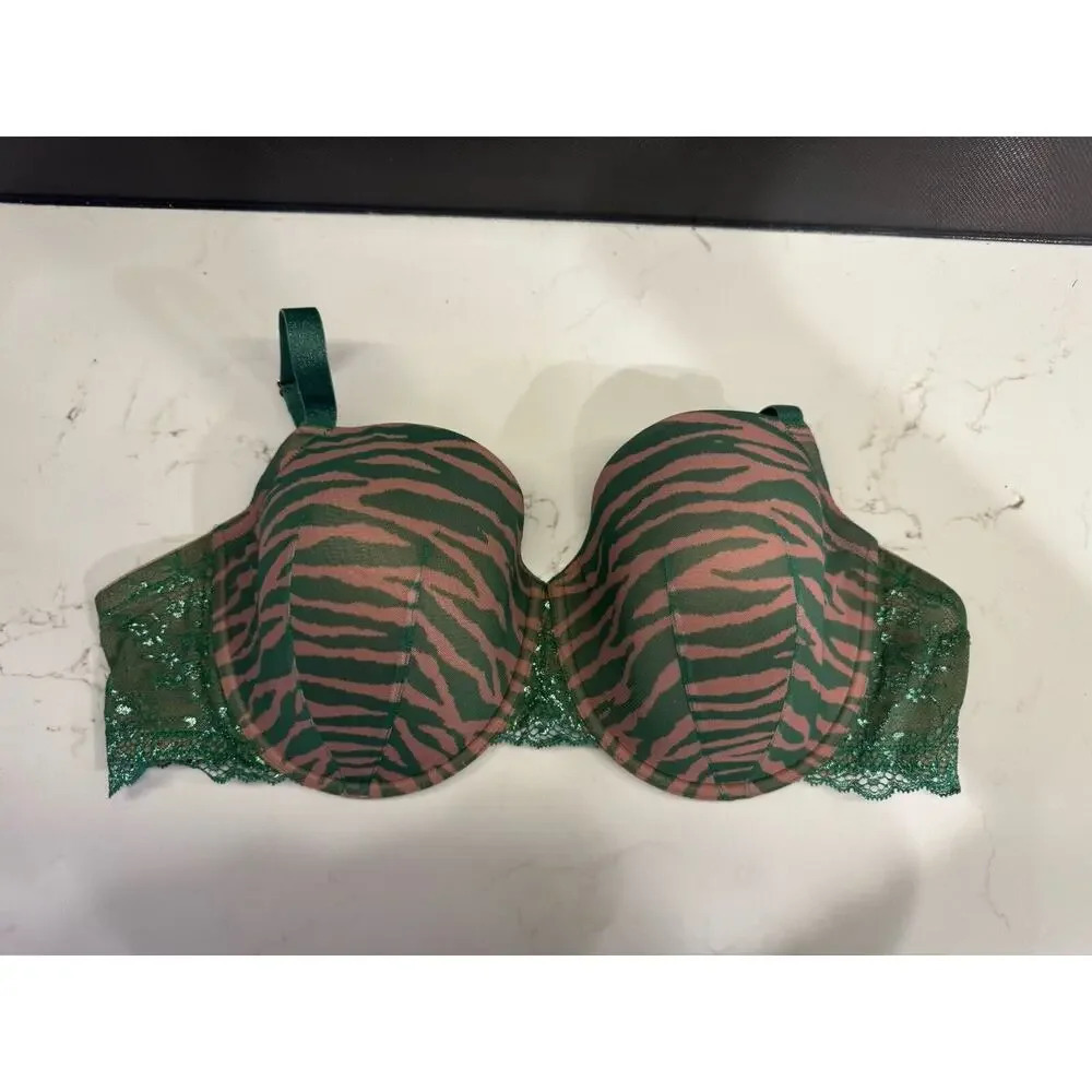 THRIDLOVE zebra print lace Demi green tan bra 42C Glitter